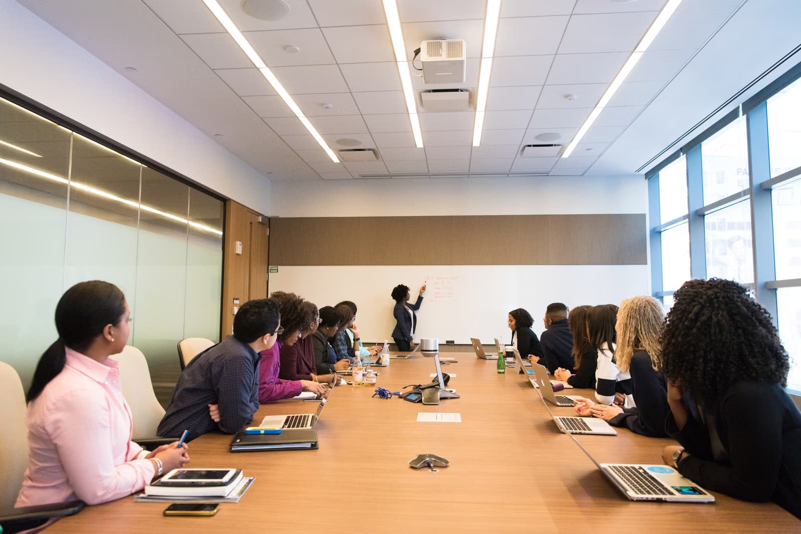 Team meeting in a glass boardroom
